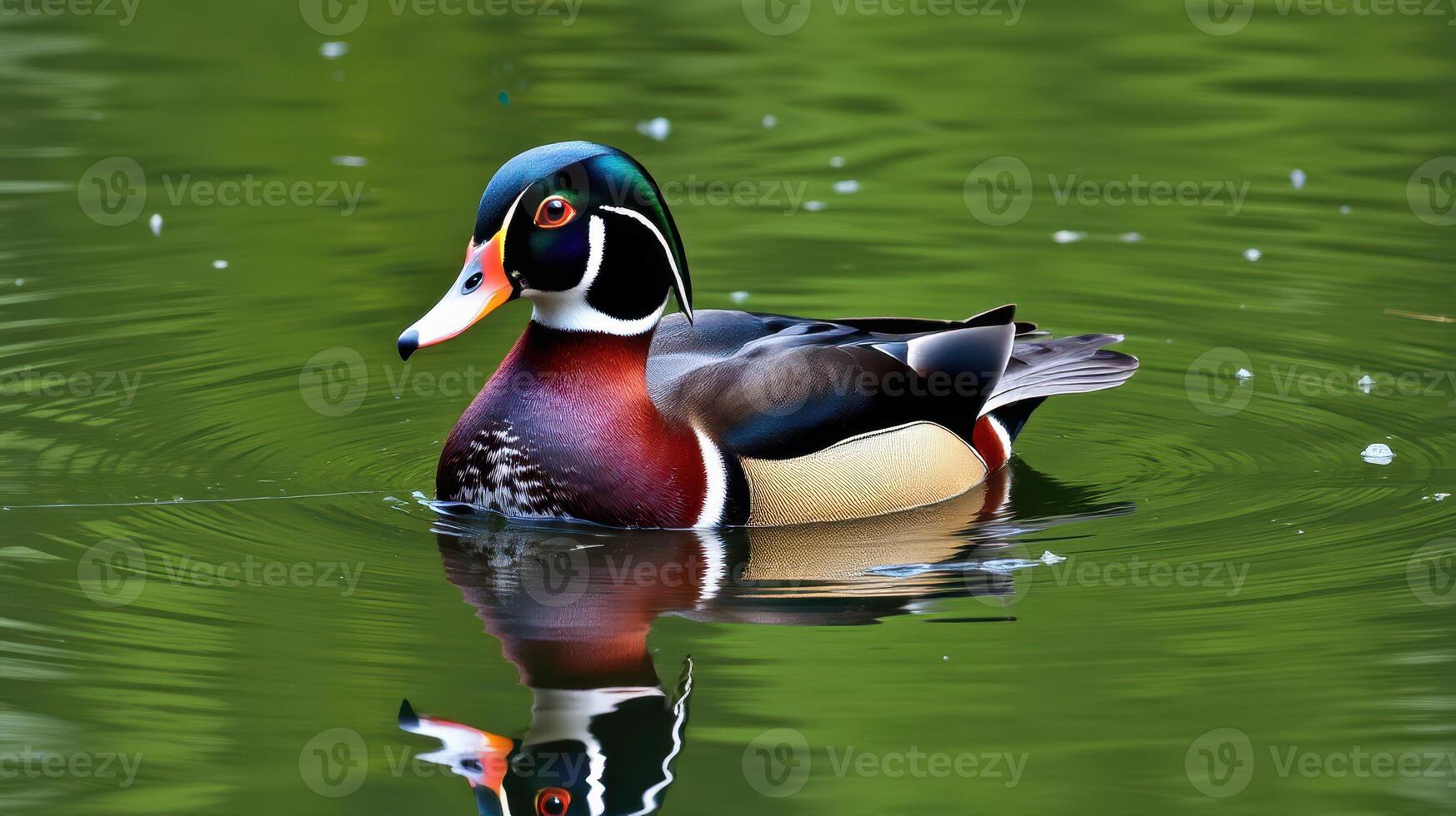 Colorful wood duck swims gracefully in a serene pond surrounded by green foliage photo