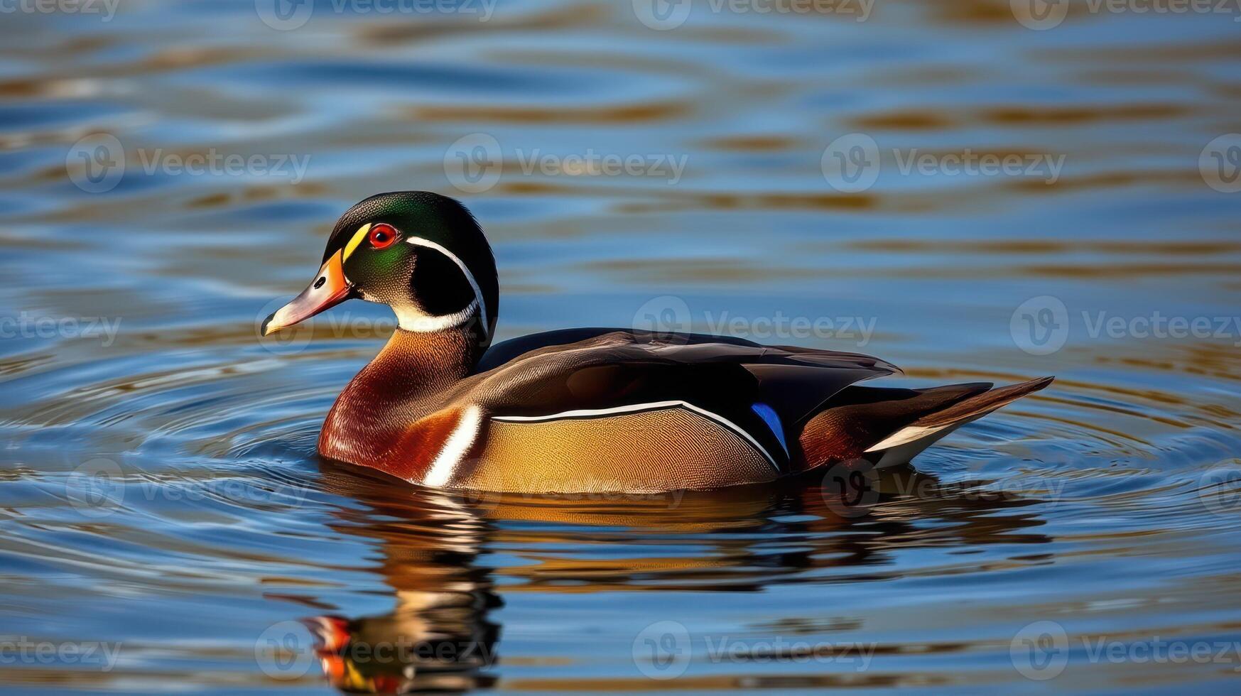 Colorful wood duck swimming gracefully in calm waters during a sunny afternoon photo