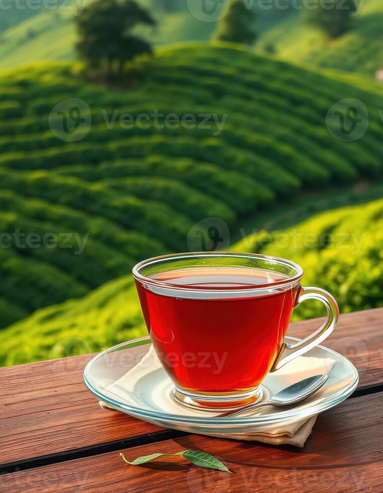 View of a warm cup of tea on a wooden table overlooking lush green tea plantations in the early morning light photo