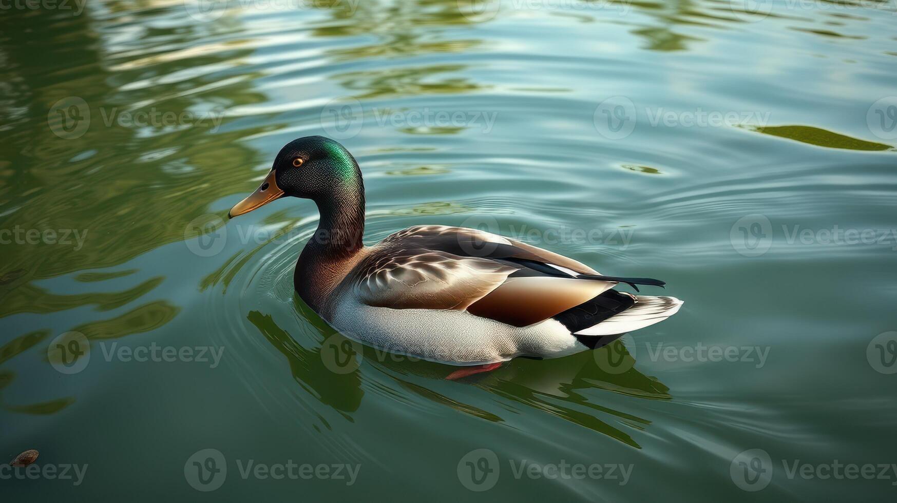 Beautiful mallard duck gliding across a serene pond during a sunny afternoon photo