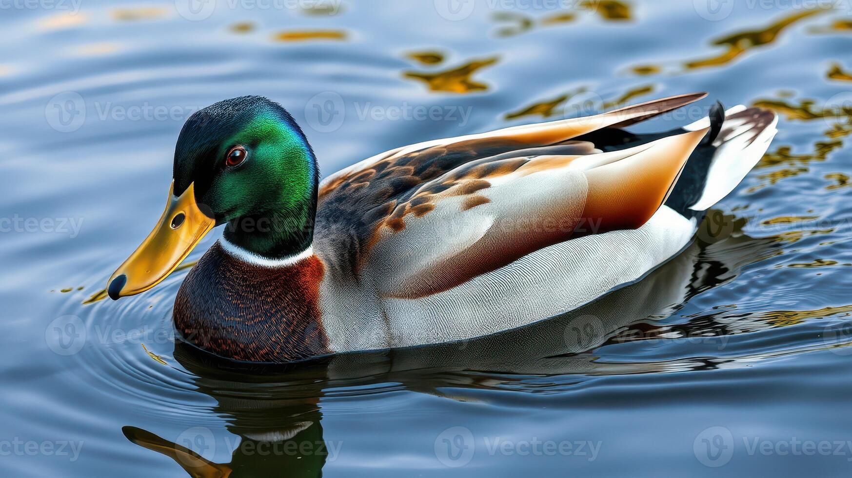 Colorful mallard duck swimming in a serene pond surrounded by gentle ripples photo