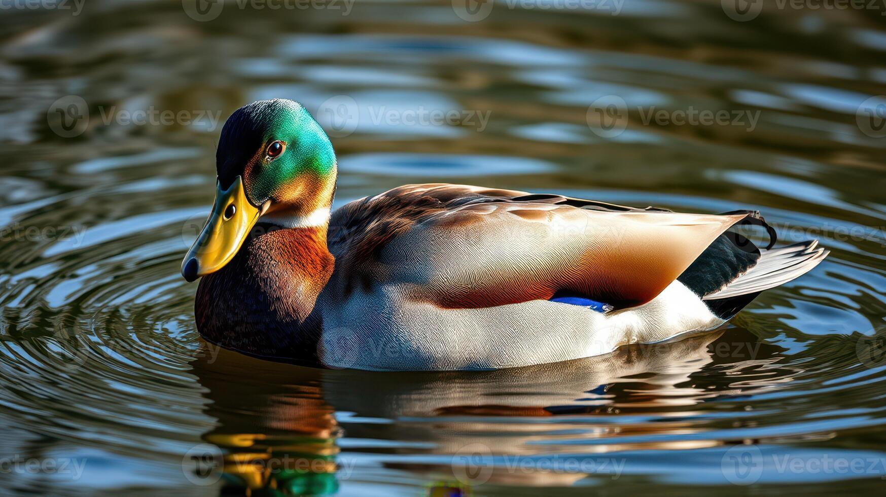 Colorful mallard duck swims gracefully in a serene pond surrounded by natural beauty during the golden hour photo