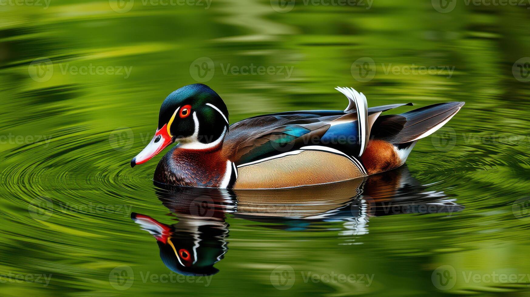 Colorful wood duck glides peacefully across a serene, green pond at midday photo