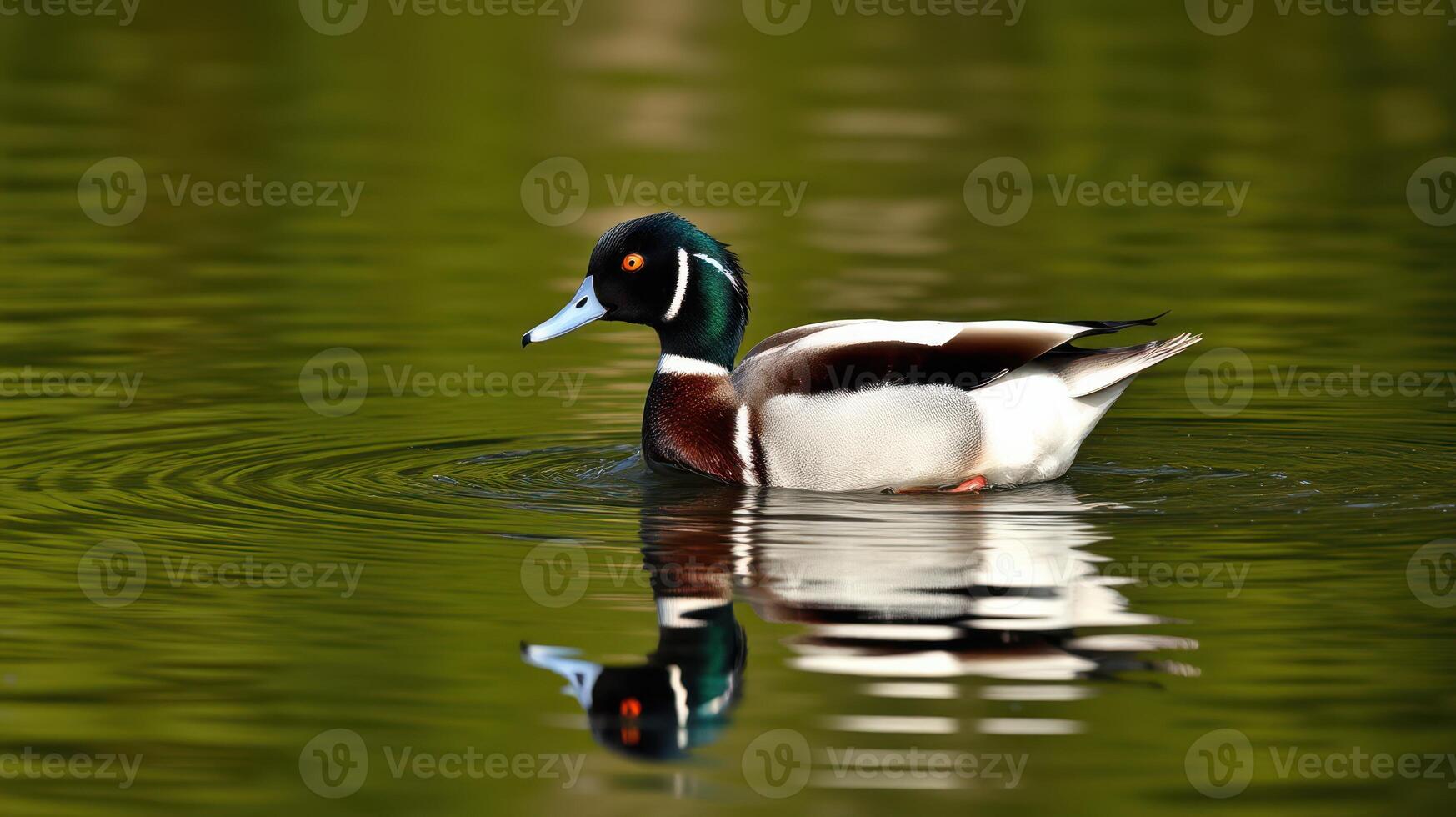 Mallard duck swimming in calm waters during a sunny afternoon in a serene natural setting photo
