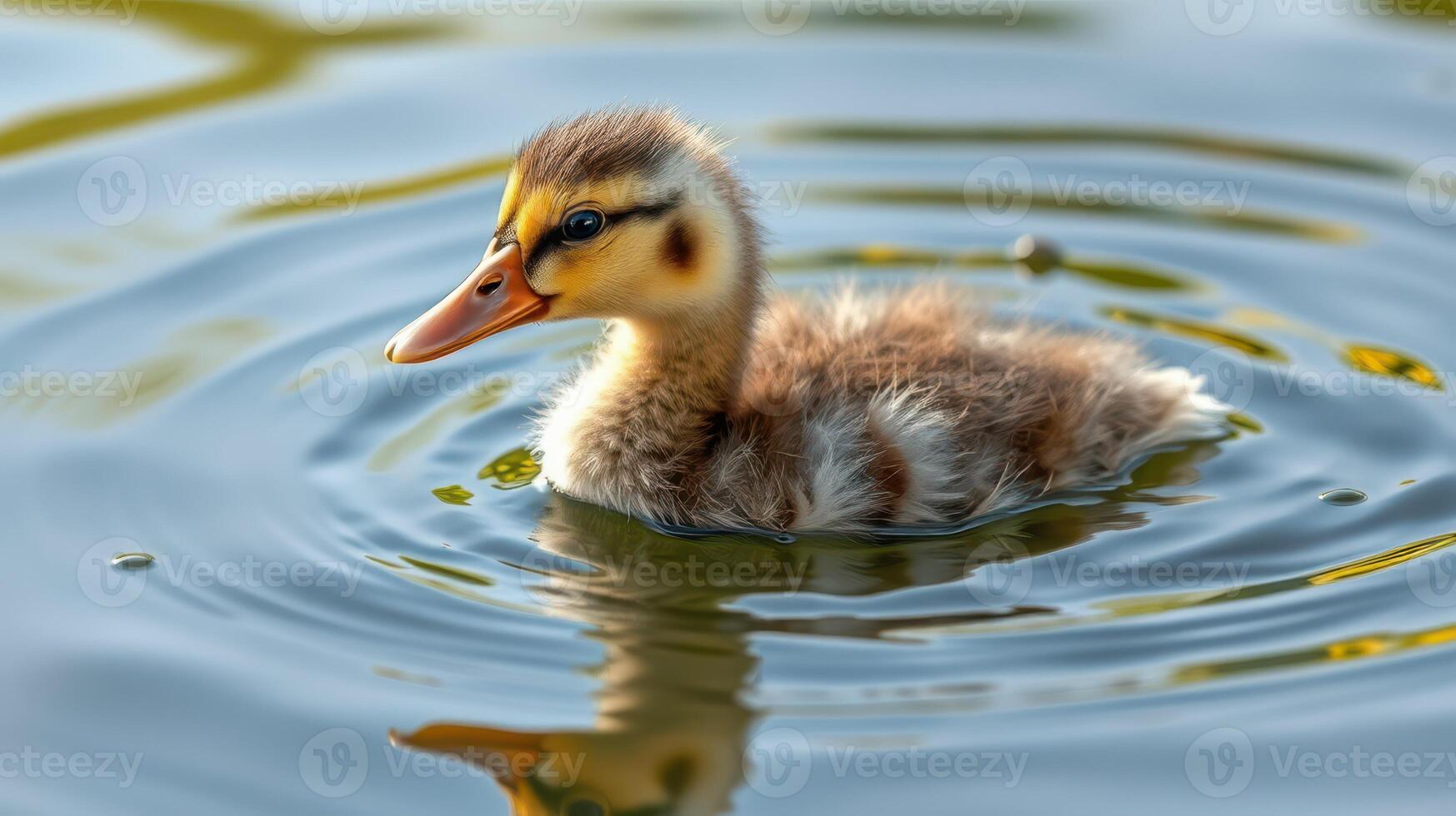Duckling swimming playfully in serene water surrounded by gentle ripples under soft sunlight photo