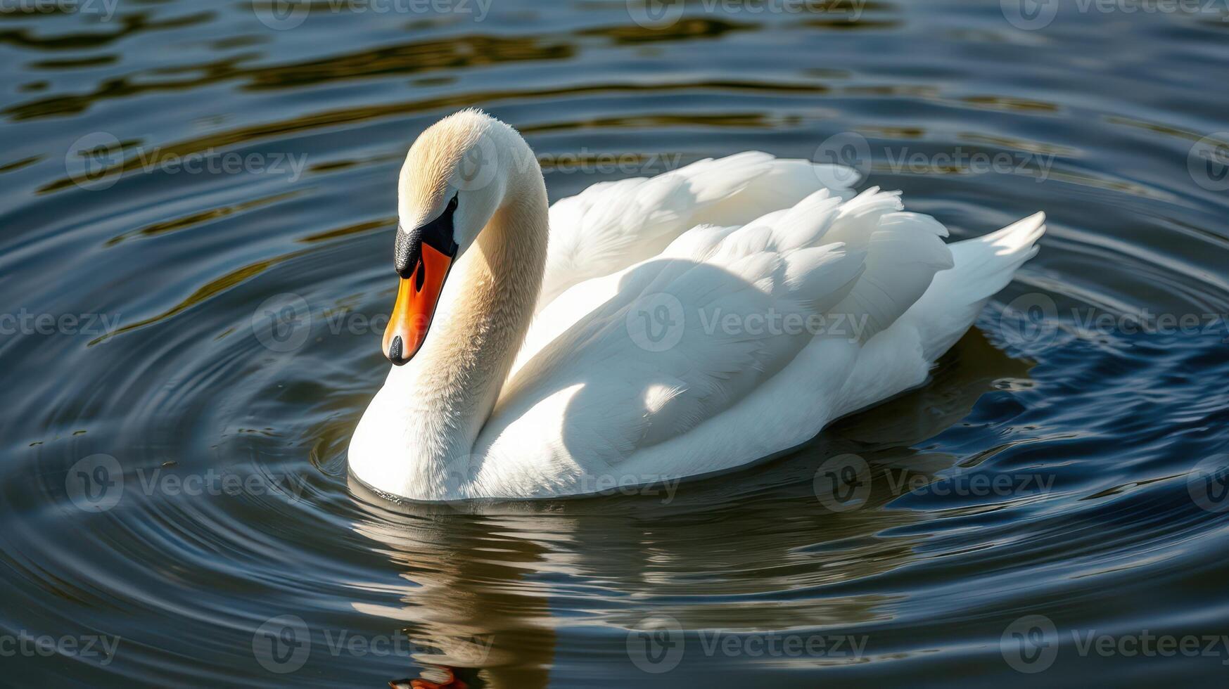 Elegant swan gliding across a tranquil lake at midday under clear skies photo