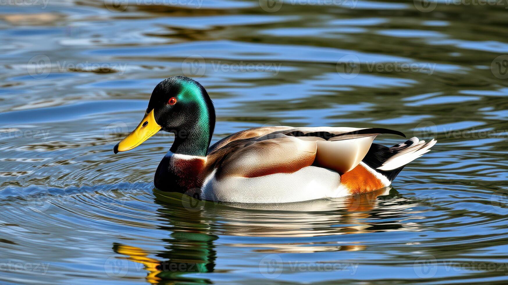 Colorful mallard duck swimming gracefully in a serene lake reflecting natural beauty in the afternoon light photo