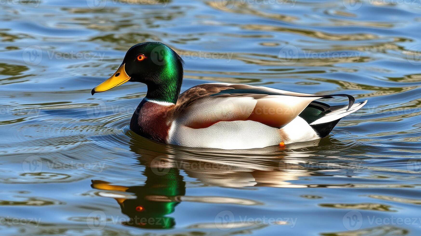 Colorful mallard duck swimming calmly in a serene pond during a sunny day photo