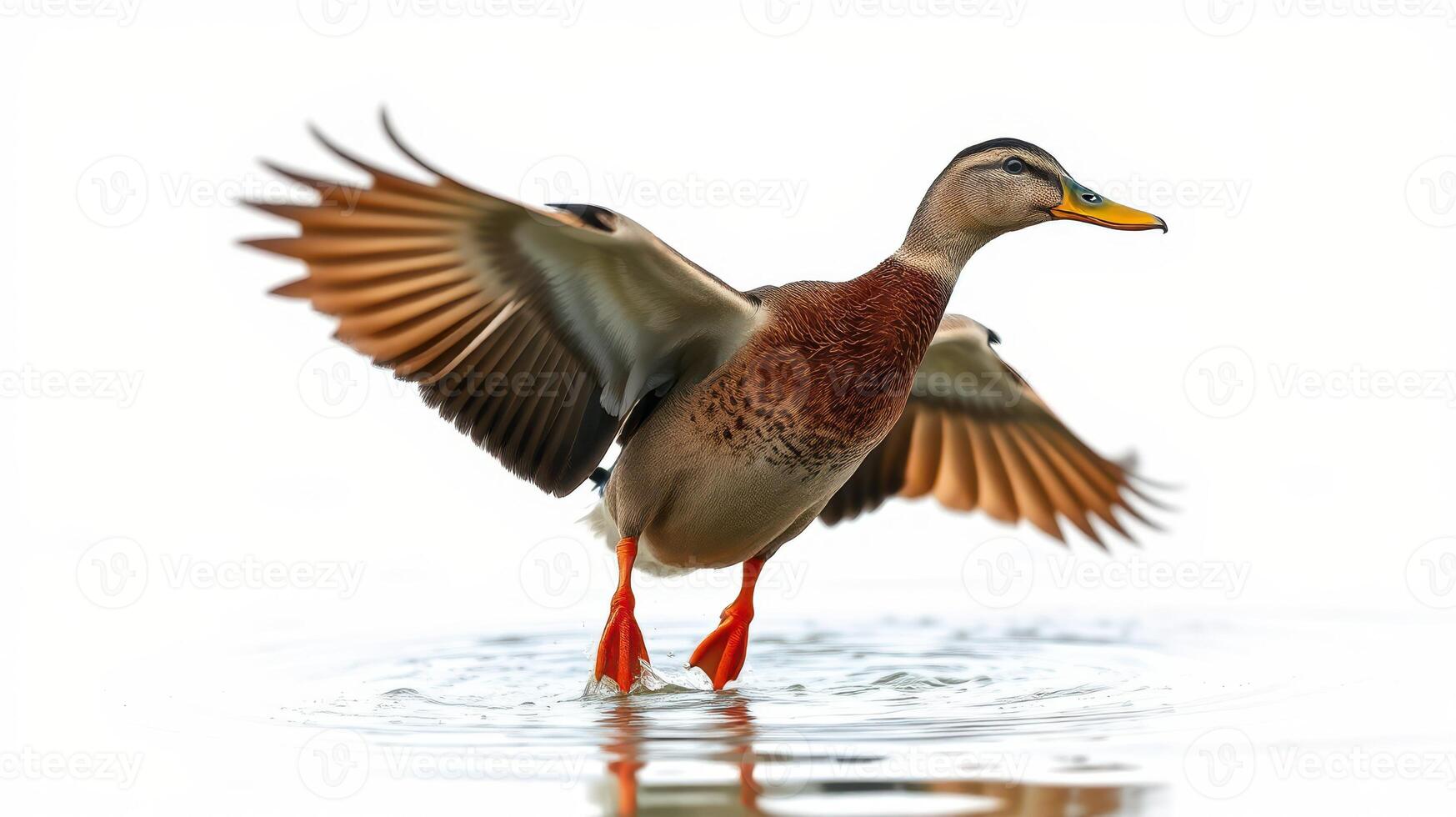 Mallard duck spreading wings in water with a soft white background at dawn photo