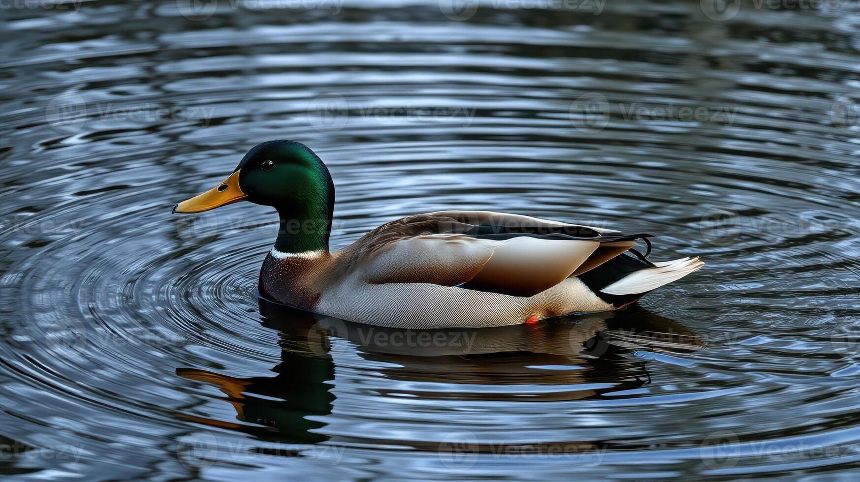 Mallard duck gliding across a tranquil pond creating ripples in the water during a sunny afternoon photo