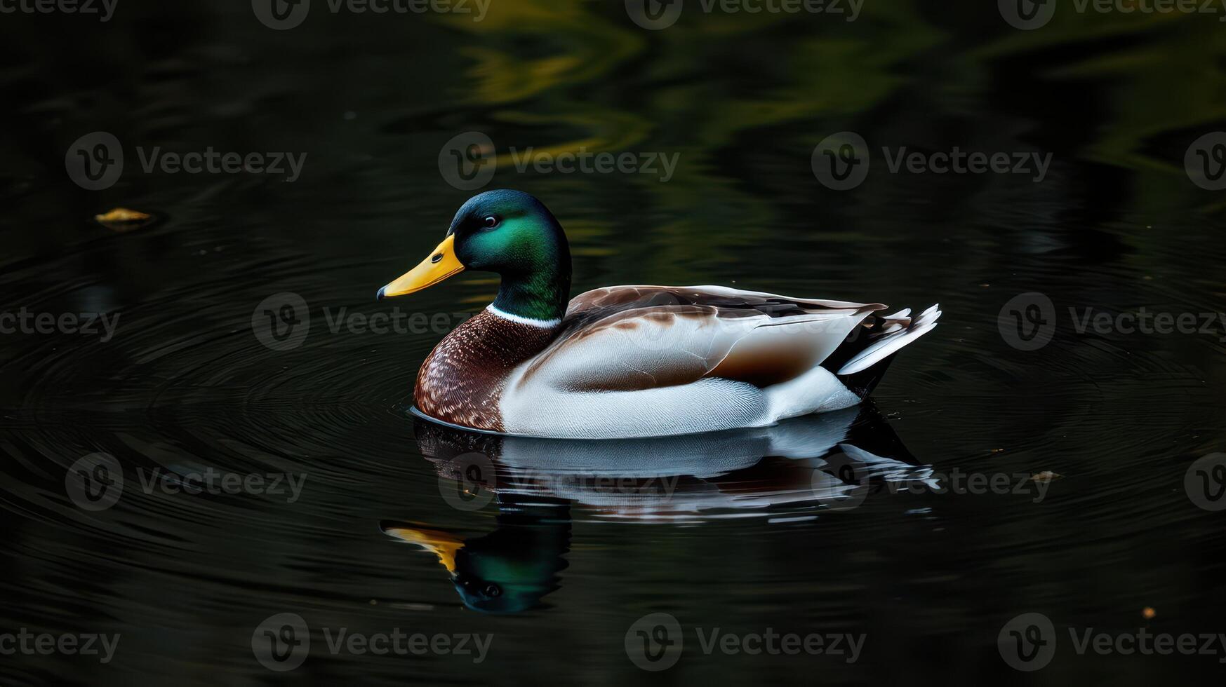 Colorful duck swimming calmly in a serene pond during a bright sunny day photo