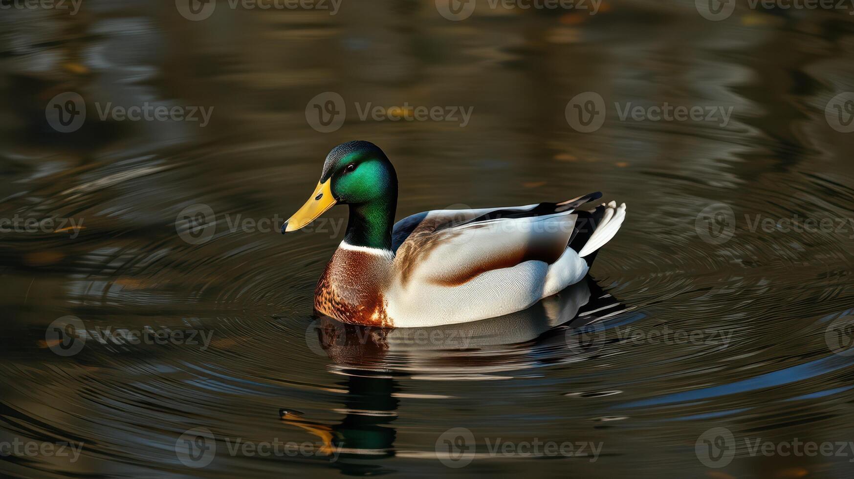 Colorful mallard duck gracefully swims in a calm pond during a sunny afternoon photo