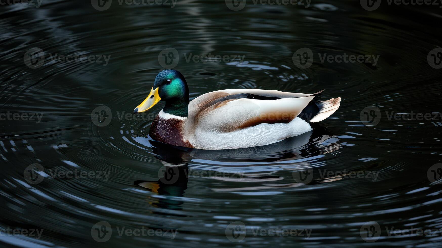 Duck swimming gracefully in still water reflecting a serene environment during daylight photo