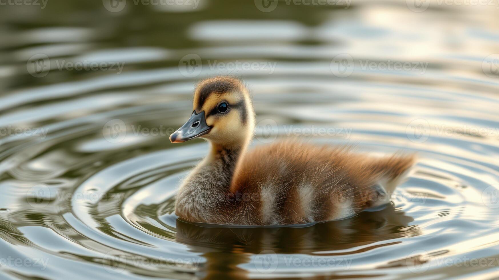 Duckling swims gracefully in tranquil water surrounded by gentle ripples during golden hour photo