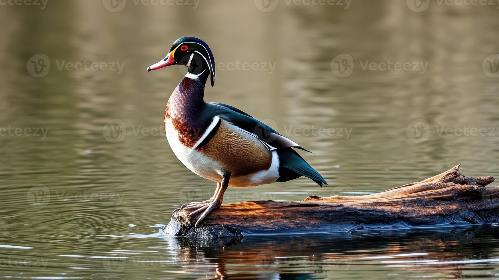 Colorful wood duck stands elegantly on a log beside calm water during a tranquil afternoon photo