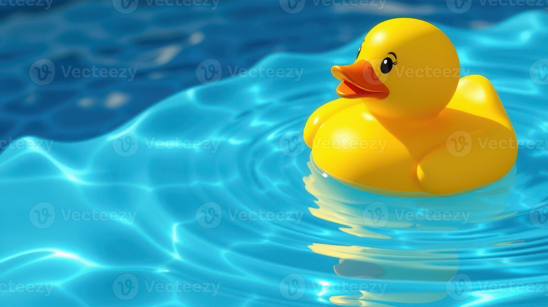 Bright yellow rubber duck floats on clear blue water in a sunny pool photo