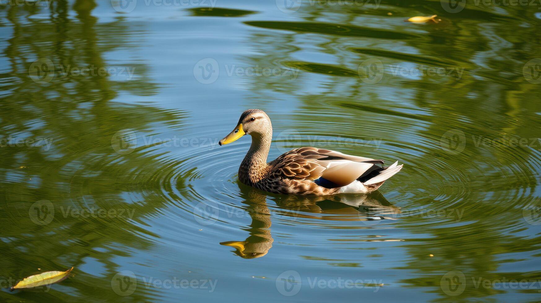 Duck swimming peacefully in a serene pond surrounded by lush greenery during a sunny day photo