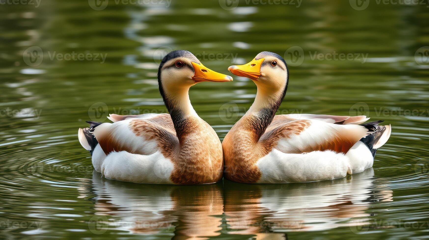 Ducks swim gracefully in a tranquil pond surrounded by lush greenery on a sunny day photo
