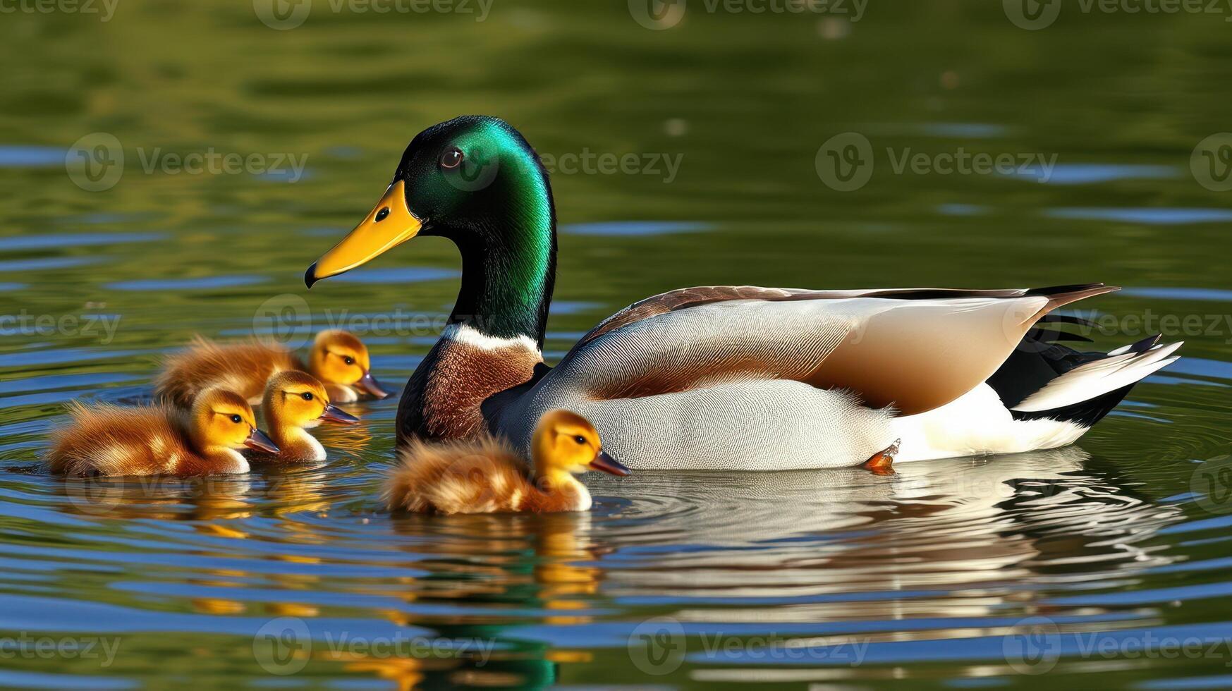 Male mallard duck swims alongside its five fluffy ducklings in a tranquil pond on a sunny day photo