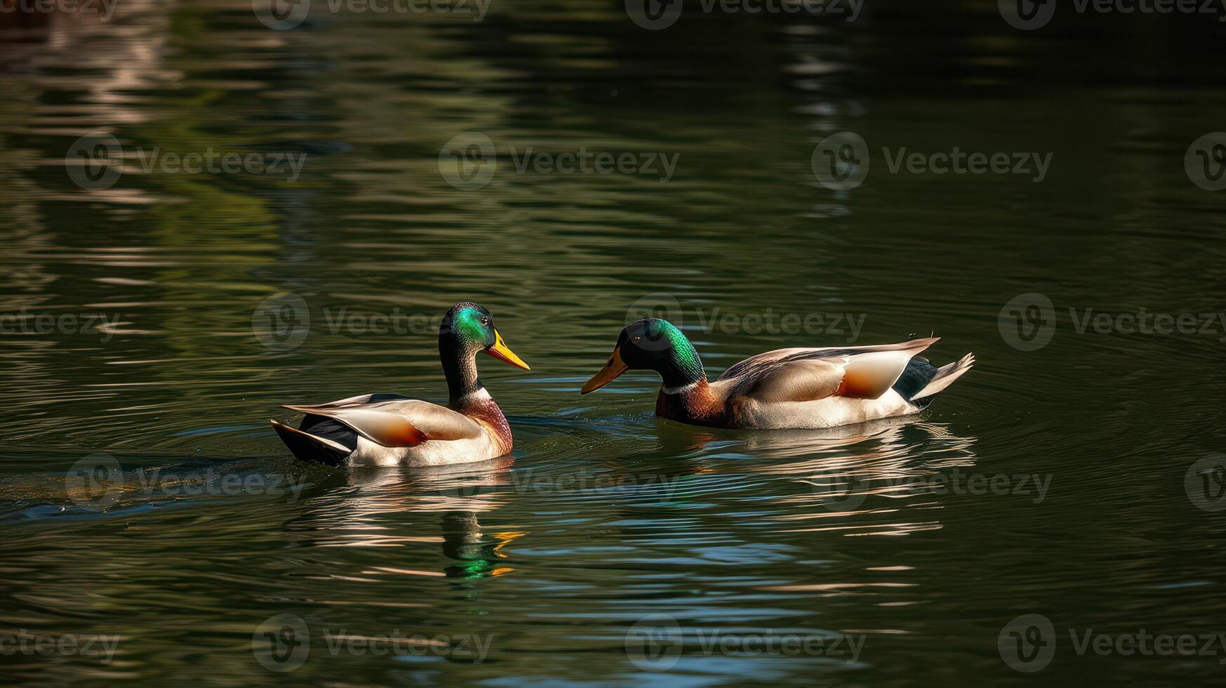 Two mallard ducks swim gracefully in a tranquil pond surrounded by lush greenery during a sunny afternoon photo