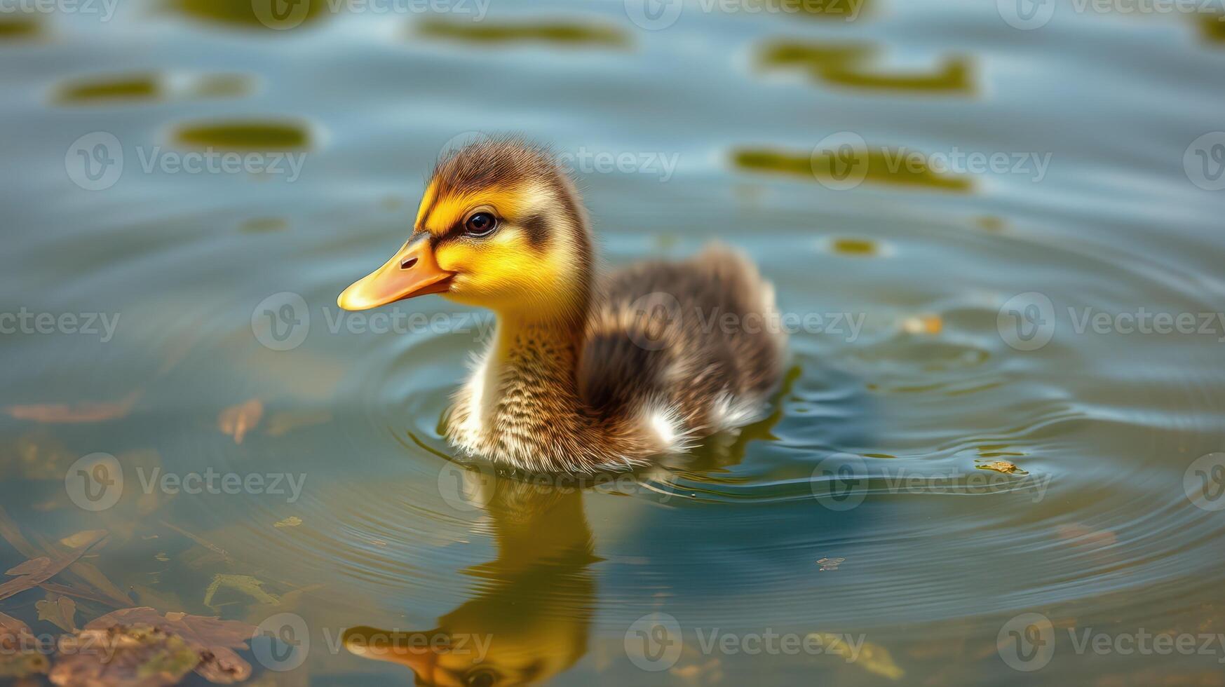Duckling swims gracefully in calm water surrounded by nature on a sunny day photo