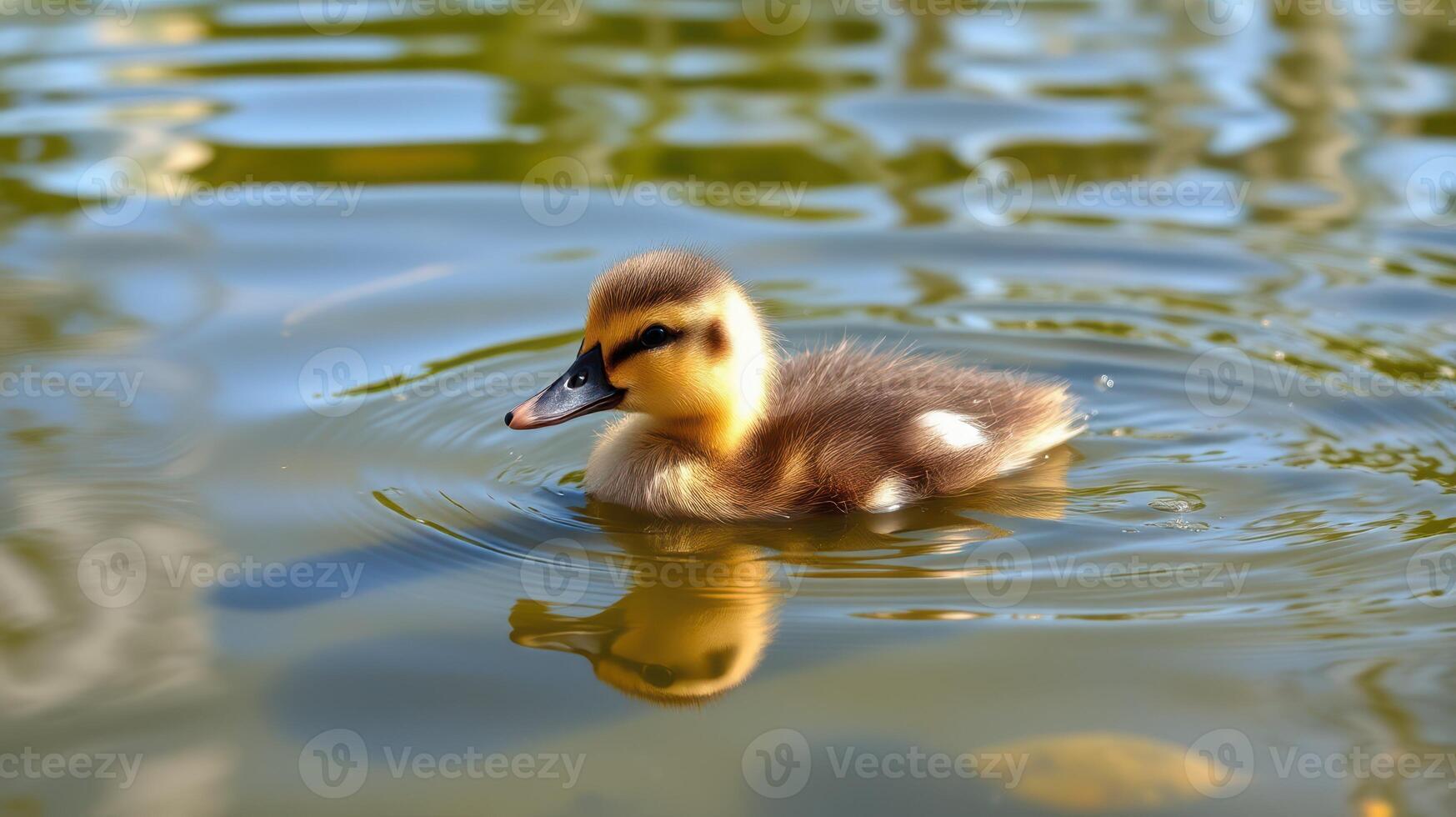 Cute duckling swimming in tranquil pond water during sunny weather surrounded by greenery photo