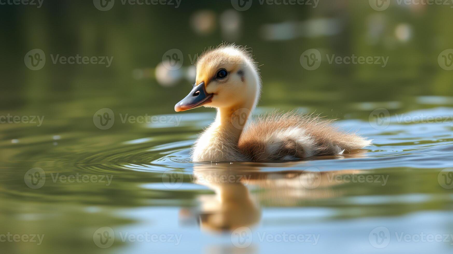 Duckling swims peacefully in calm waters surrounded by lush greenery on a sunny day photo
