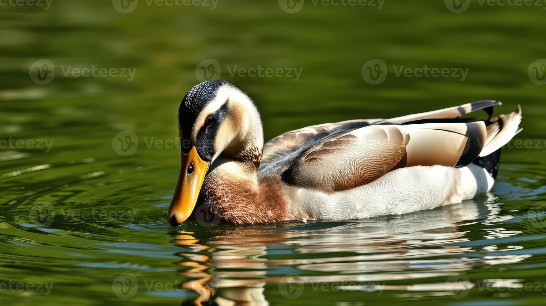 Waterfowl gliding gracefully through a tranquil pond surrounded by lush greenery in a serene environment photo