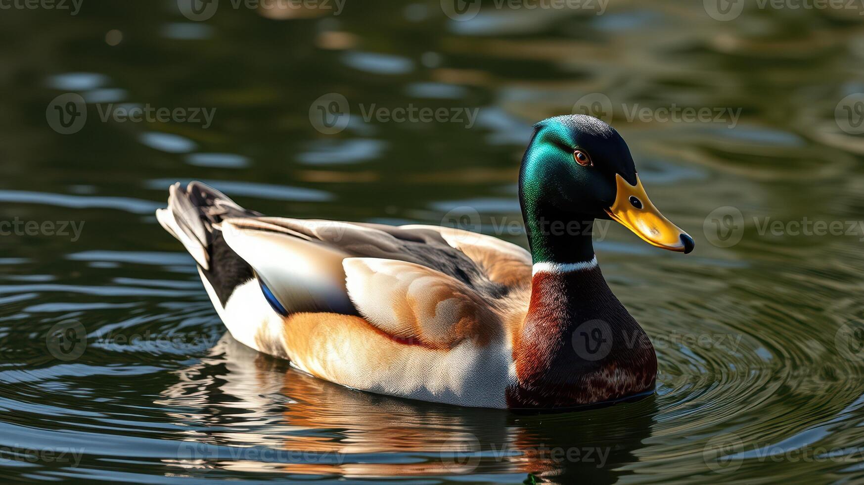 Colorful mallard duck swimming gracefully in a serene pond on a sunny day photo