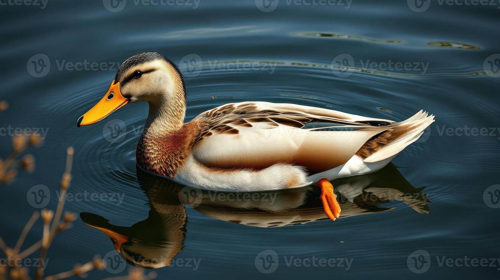 Duck swimming gracefully on the calm water with reflections and soft ripples in a natural setting photo