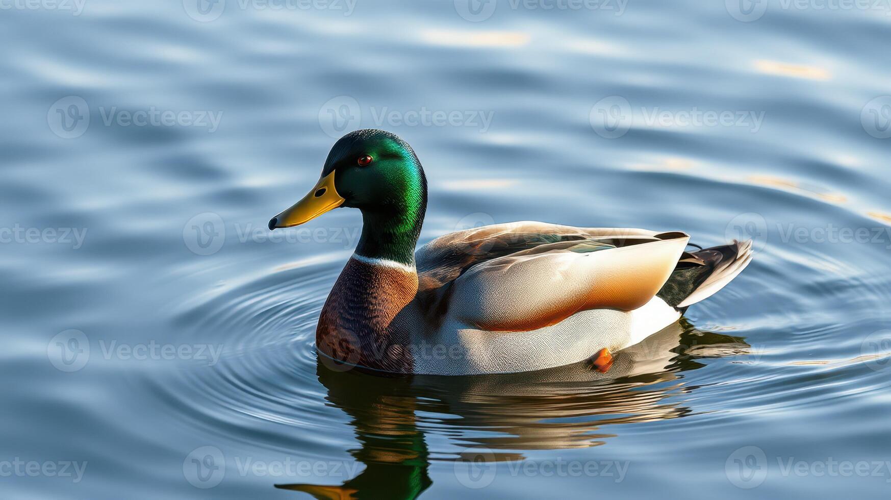 Mallard duck swimming gracefully in calm water during a sunny afternoon at a serene pond photo