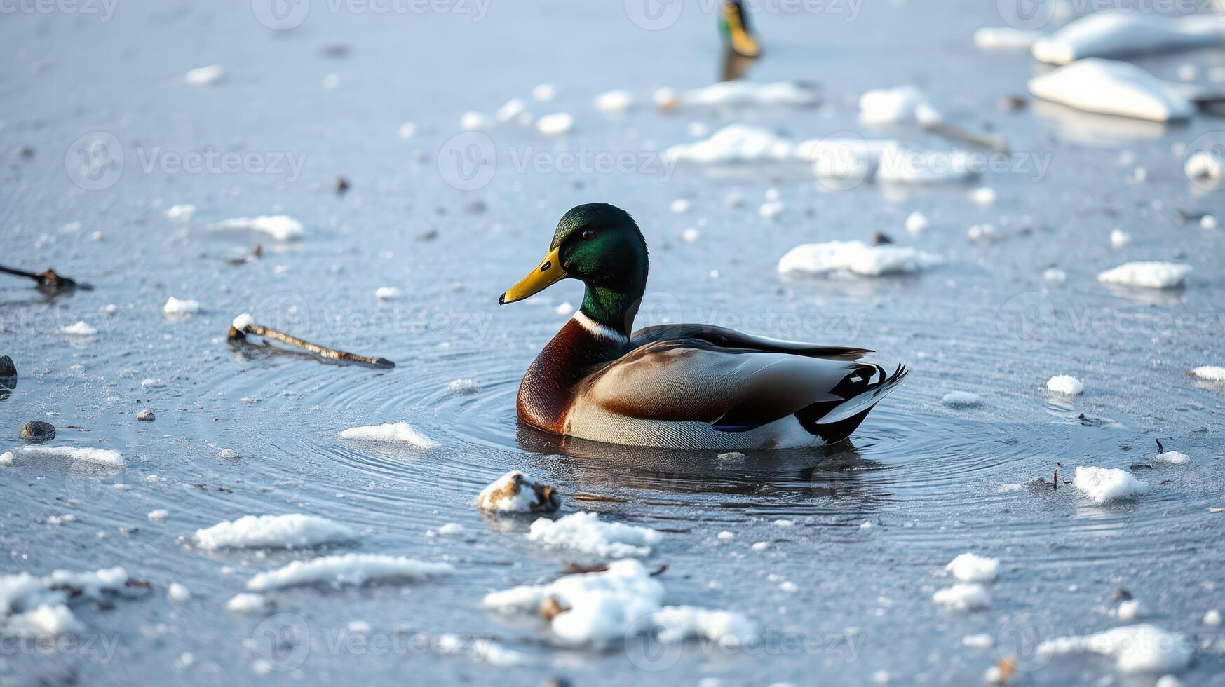 Mallard duck swimming in icy waters surrounded by drifting snow during winter afternoon photo