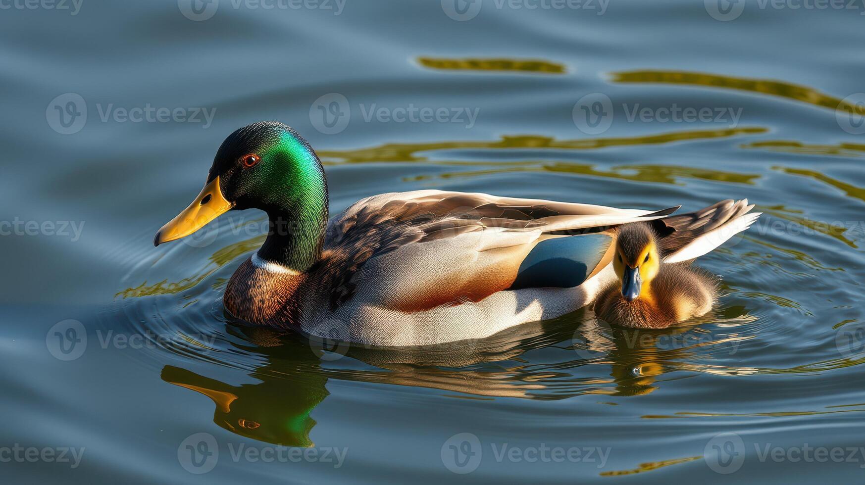 Mallard duck and duckling swimming together in a tranquil pond during a sunny day photo