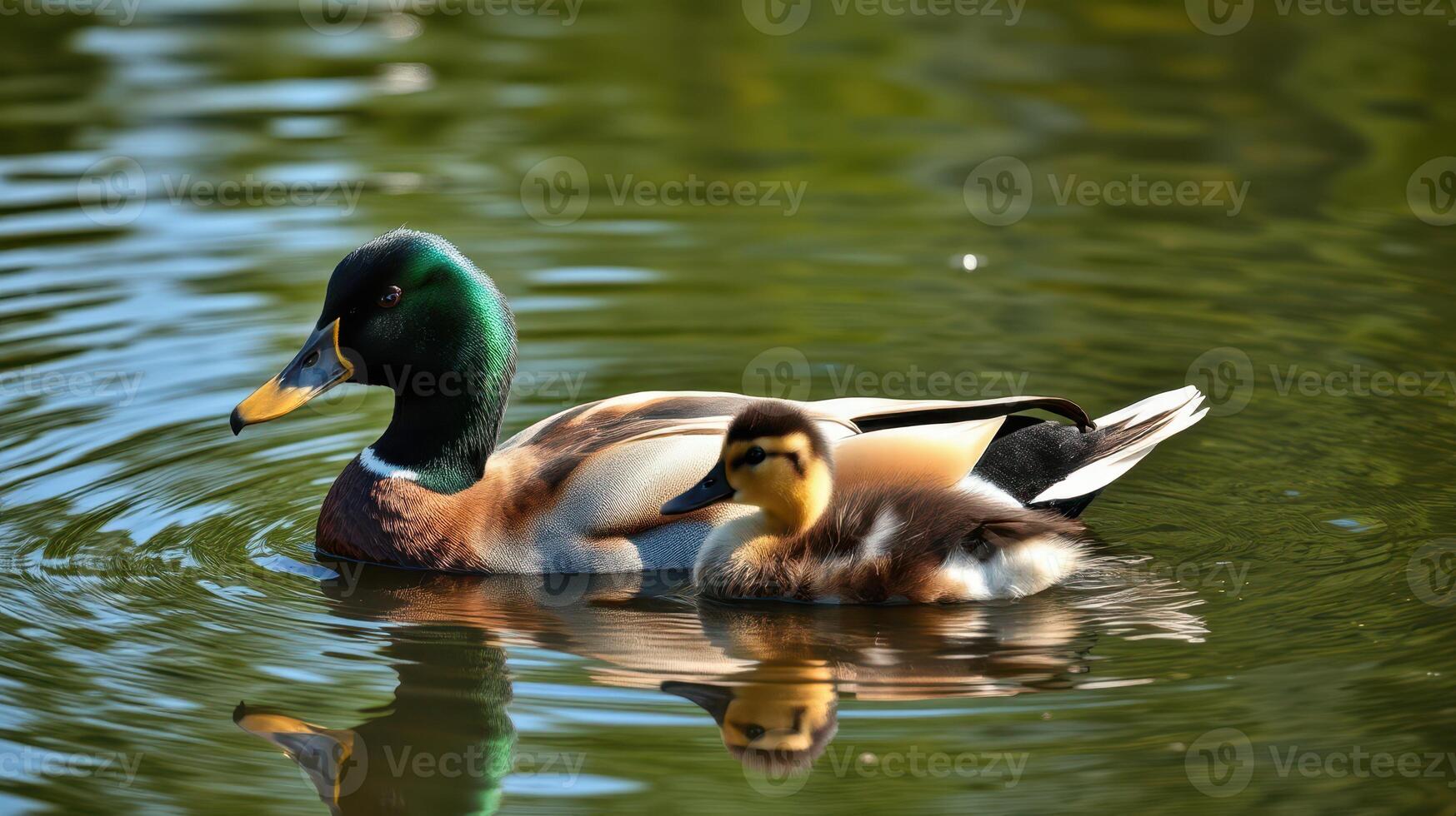 Ducks swimming peacefully in a serene pond during a sunny afternoon in a rural setting photo