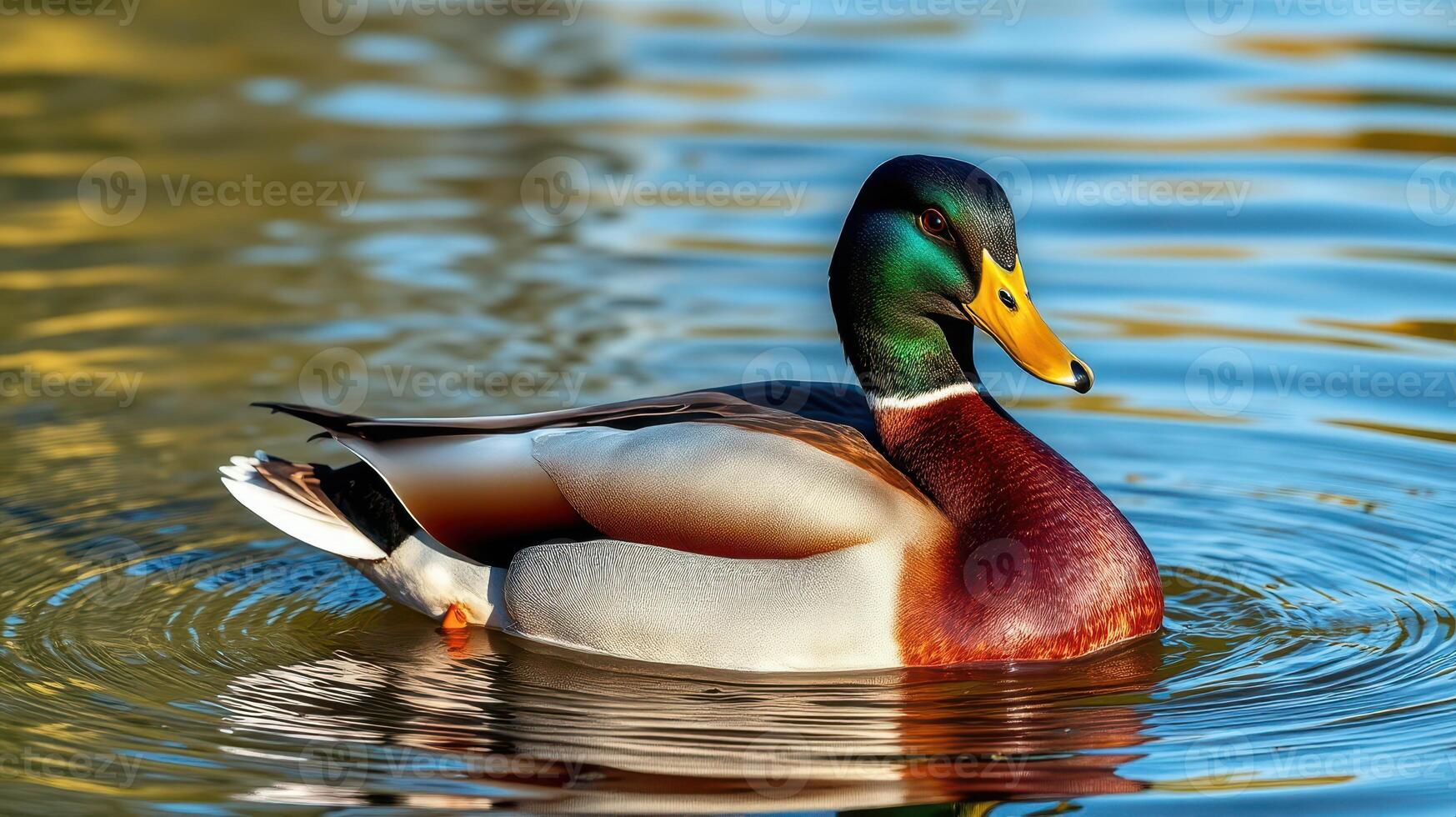 Colorful male mallard duck swimming gracefully in a serene pond surrounded by lush greenery photo