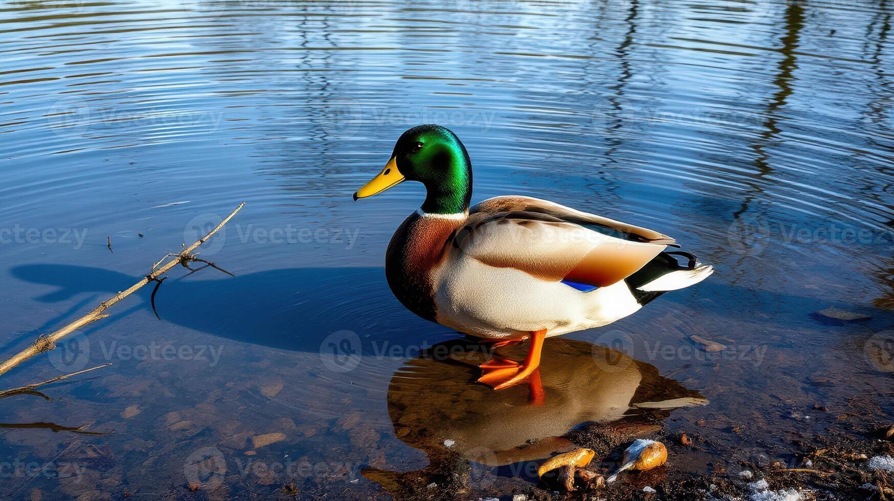 Mallard duck standing in calm water near the shore under bright daylight in a natural setting photo