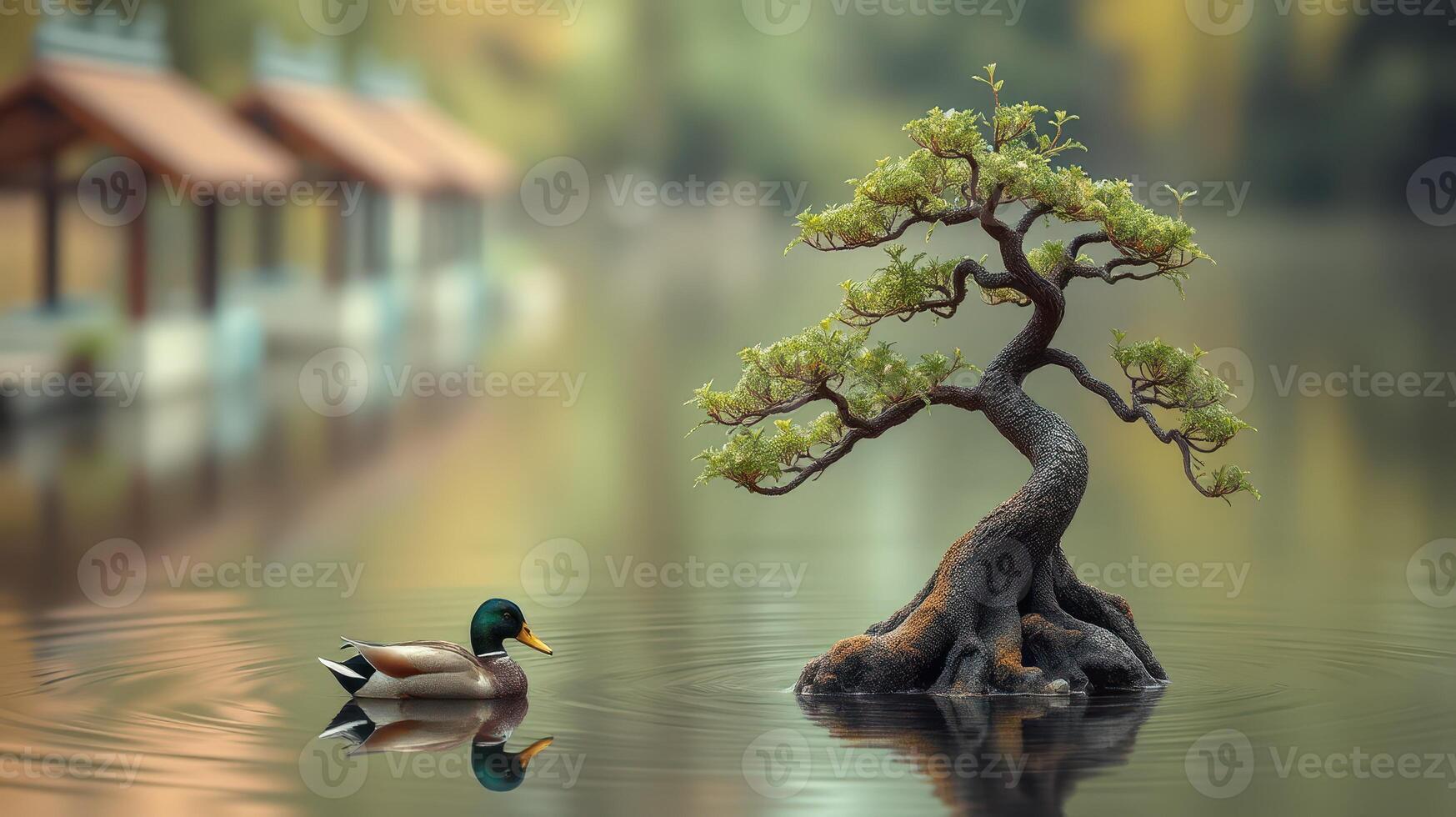 Duck swims beside a bonsai tree in a tranquil lake surrounded by autumn foliage photo