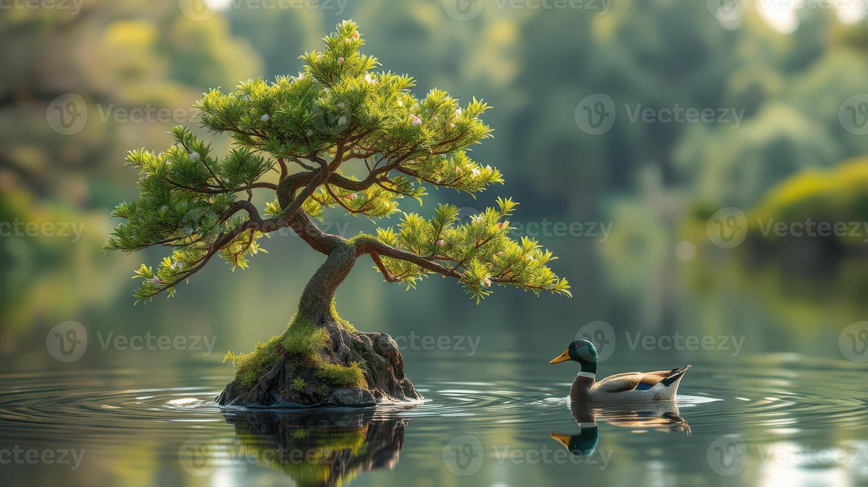 Serenity of nature with a duck swimming near a bonsai tree in a tranquil pond during daytime photo