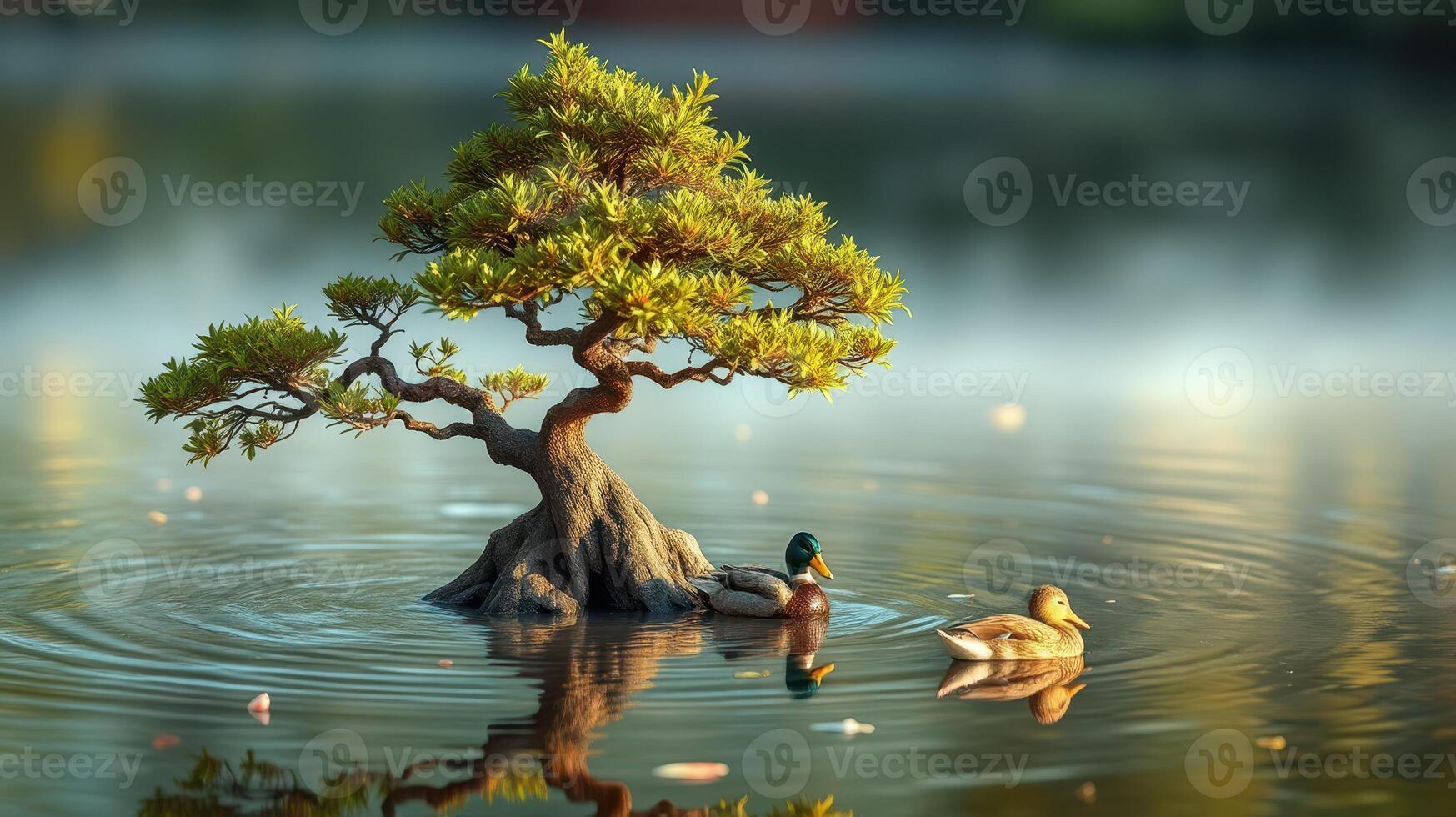 Two ducks swim peacefully around a large bonsai tree in a tranquil pond surrounded by lush greenery photo