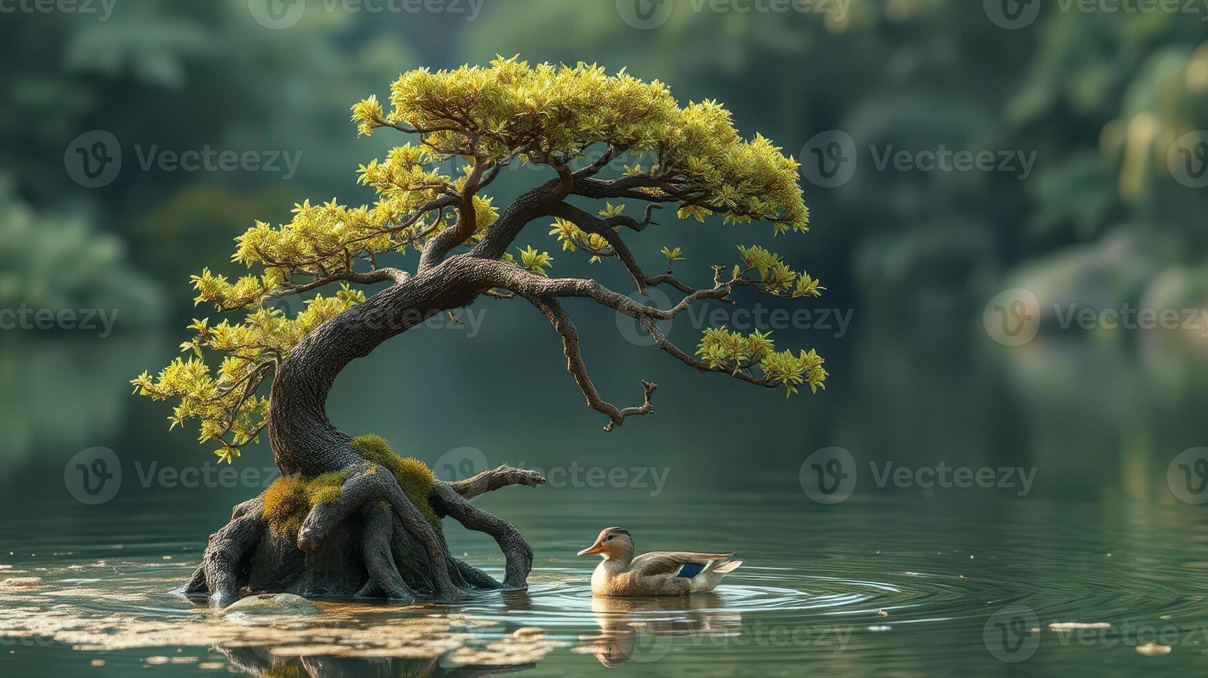 Beautiful bonsai tree by serene water with a duck swimming nearby in a tranquil natural setting photo