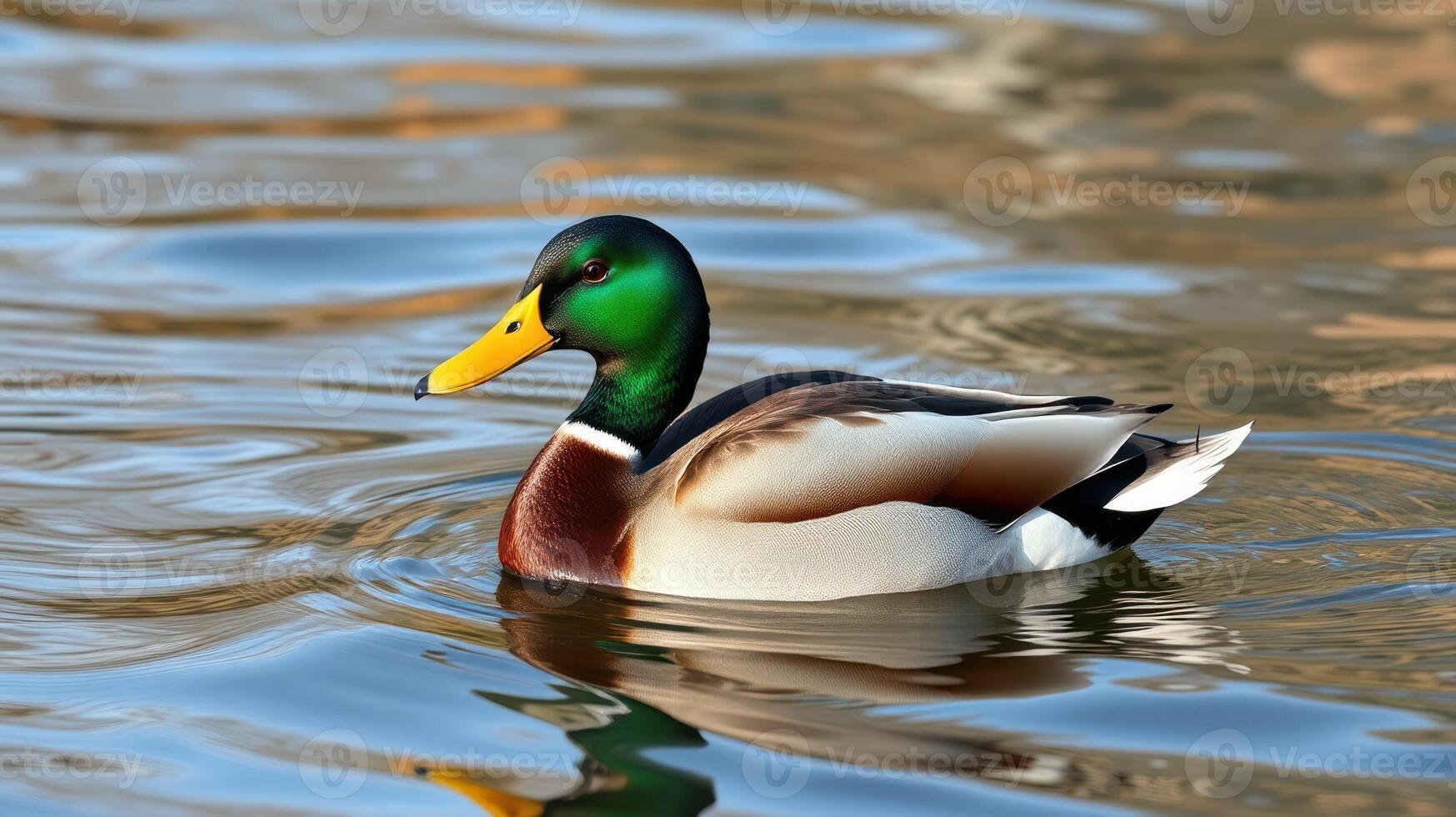 Mallard duck gracefully swimming in calm water during a sunny day at the park photo