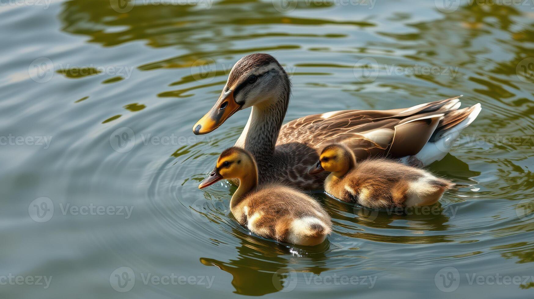 Mother duck swims with her ducklings in a calm pond during a sunny day in early spring photo