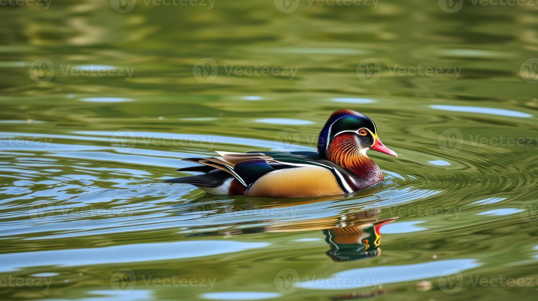 Colorful mandarin duck gliding across serene green waters during a sunny day photo