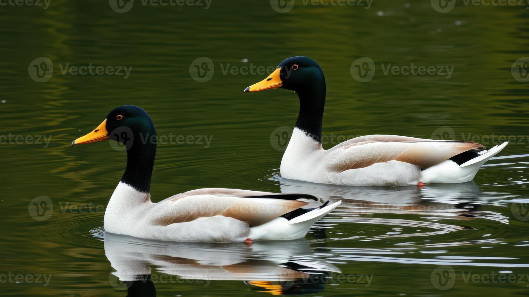Ducks swimming gracefully in a tranquil pond surrounded by lush greenery photo