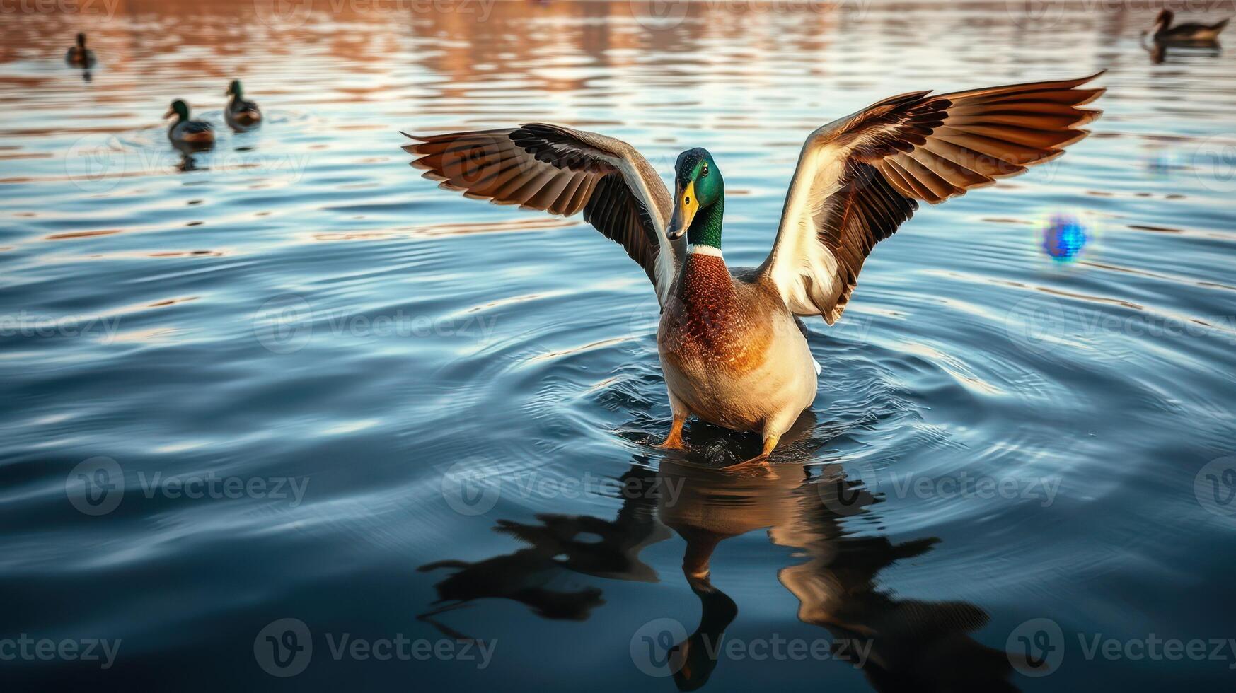 Mallard duck gracefully displays its wings while splashing in tranquil water at sunset photo