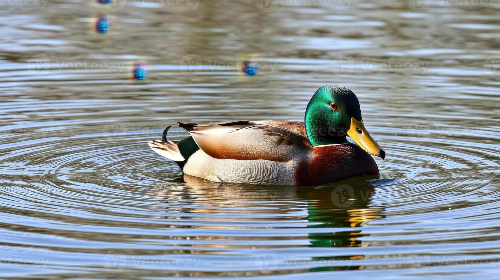 Colorful mallard duck swimming gracefully in a tranquil pond surrounded by ripples photo