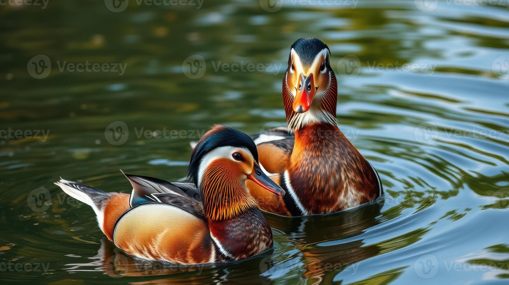 Colorful mandarin ducks swimming peacefully in a serene pond during a sunny day photo