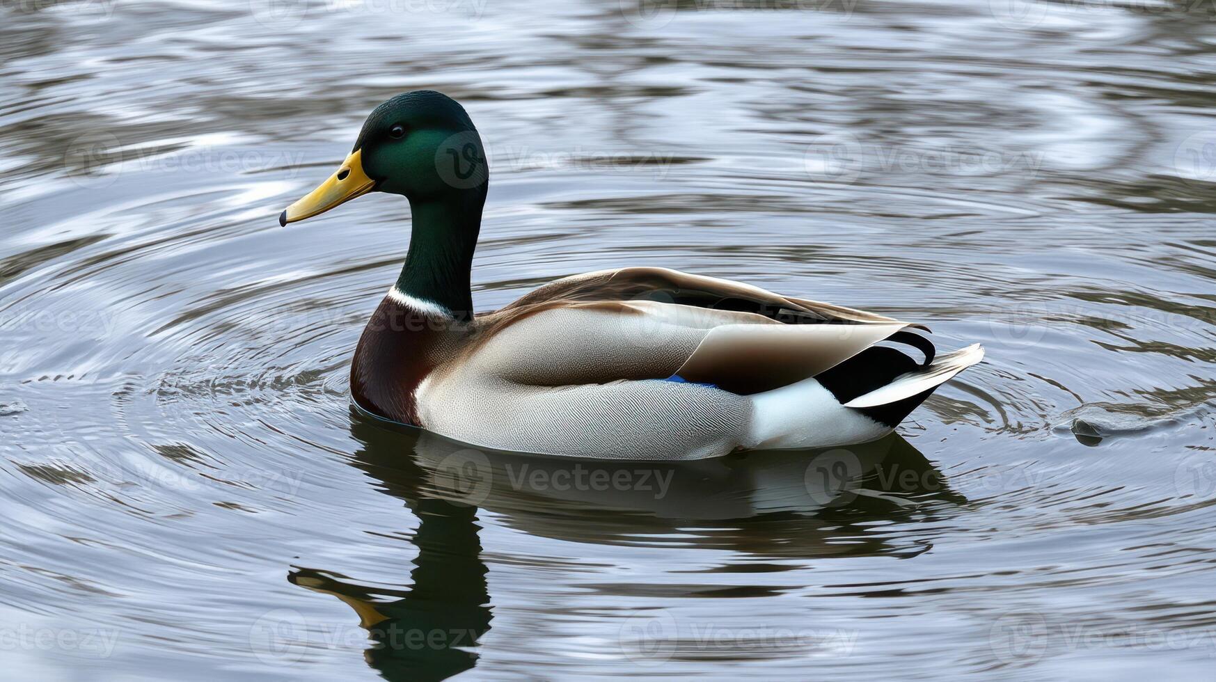 Mallard duck gliding across calm water surface with gentle ripples during a tranquil afternoon photo