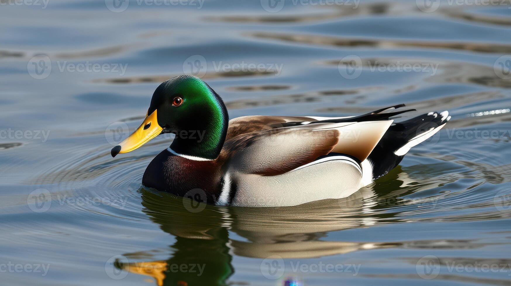Male mallard duck swimming gracefully in a calm lake during a sunny afternoon photo