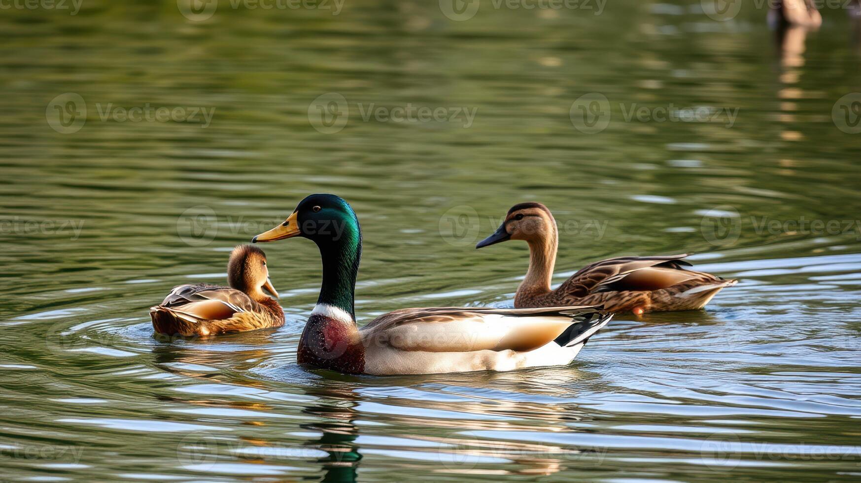 Ducks swimming peacefully in a serene pond surrounded by lush greenery during a sunny afternoon photo